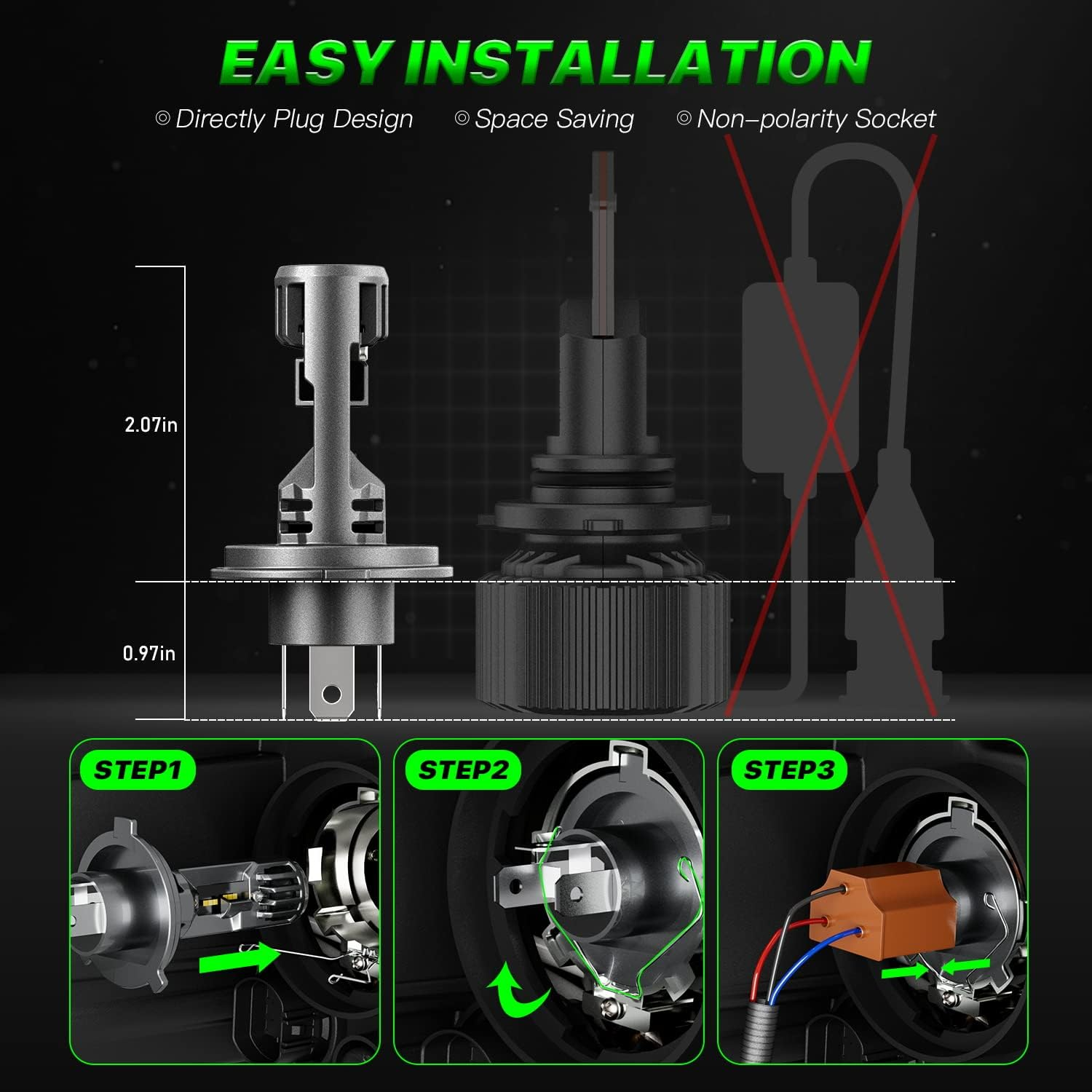 H4 LED Headlight Bulbs, 16000 Lumens 600% Super Bright, 70W 6500K Cool White Conversion Kit IP68 Waterproof, Pack of 2 image number 5