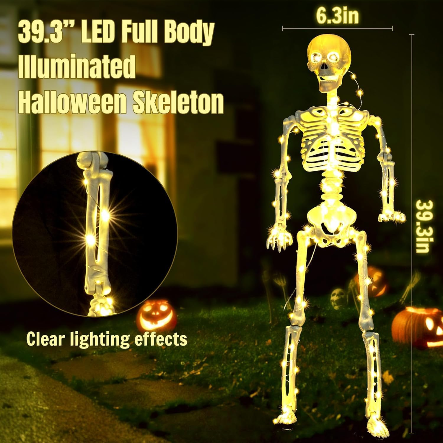 Halloween Skeleton Decorations - 40" (100Cm) Light-Up Skeleton with LED Poseable Full Body with Halloween Prop for Indoor & Outdoor Yard, Porch, Haunted House & Party Decor (1 Pack) image number 1