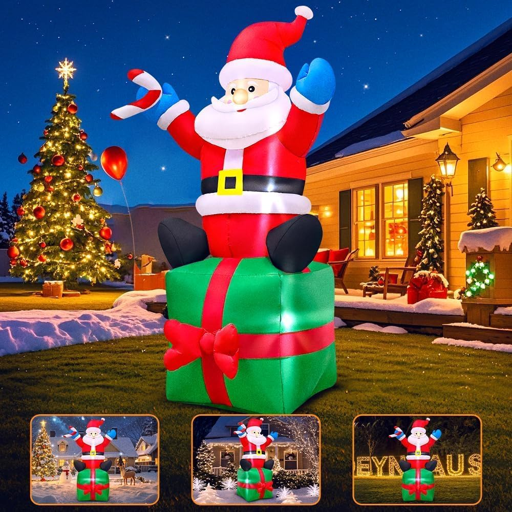 6FT Christmas Santa Inflatables Outdoor Decorations Santa Claus with Gift Box Blow up Yard Decorations for Outdoor Christmas Party Yard Garden Lawn Xmas Decoration