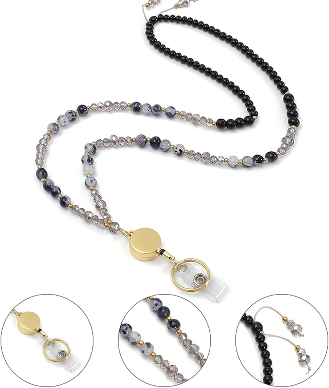 MORSUNBELA ID Card Holder Lanyard Work Card Lanyard Retractable Beaded for Women Badge Holders Keys Necklace Cute Long Lanyard Coffee Color