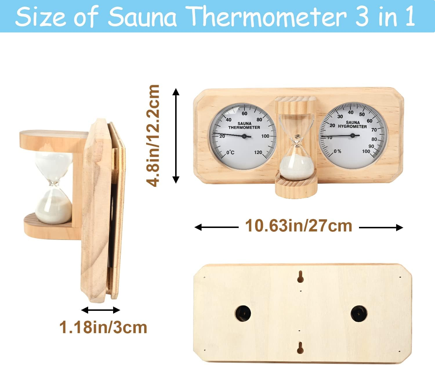 Ikare Sauna Thermometer and Hygrometer - 3 in 1 Wooden Sauna 15 Minute Hourglass Sand Timer, Wall-Mounted Sauna Room Accessories image number 3