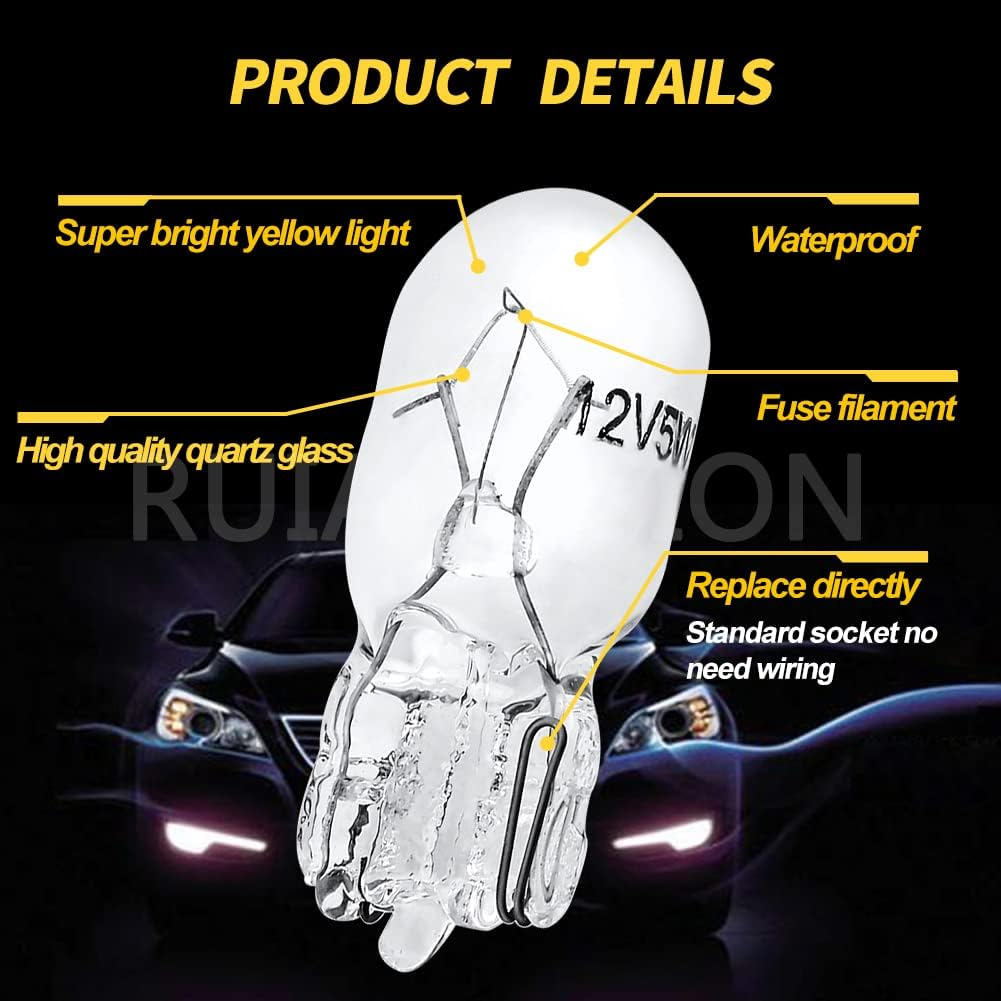Ruiandsion T10 W5W 194 Halogen Bulbs 168 2825 Warm White 12V Interior Dome Map Dashboard Lights, Non-Polarity (Pack of 10)