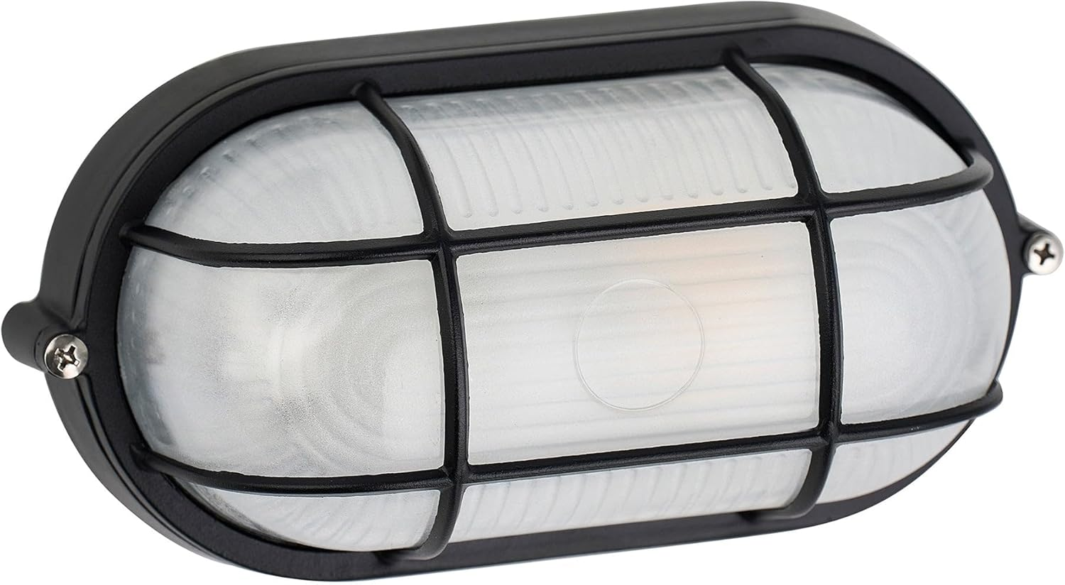 Lexi Lighting Rhelia Oval Caged Outdoor Bunker, Nautical Bulkhead Lighting, Black Aluminum Frame with Frost Glass, IP54 Wall/Ceiling Flush Mount Light Fixture for Porch, Basement, Hallway, Balcony
