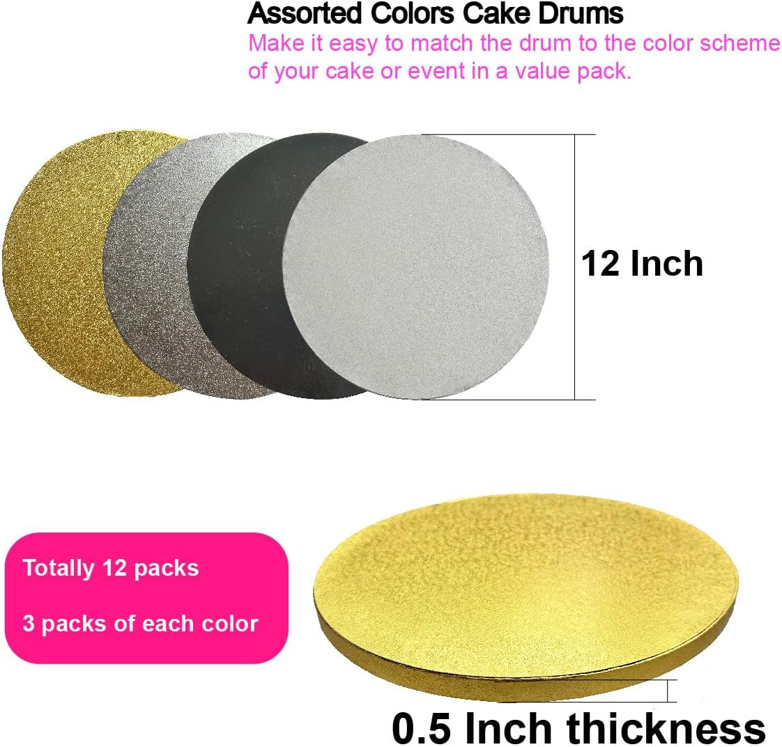 ANSSDO 12 Packs Thick Cake Drums, Greaseproof 12 Inch Assorted round Cake Drum in Gold Black Sliver White Cake Base, Cardboard Cake Boards for Presenting Heavy/Tall Tiered Cakes, Base Para Pastel image number 4