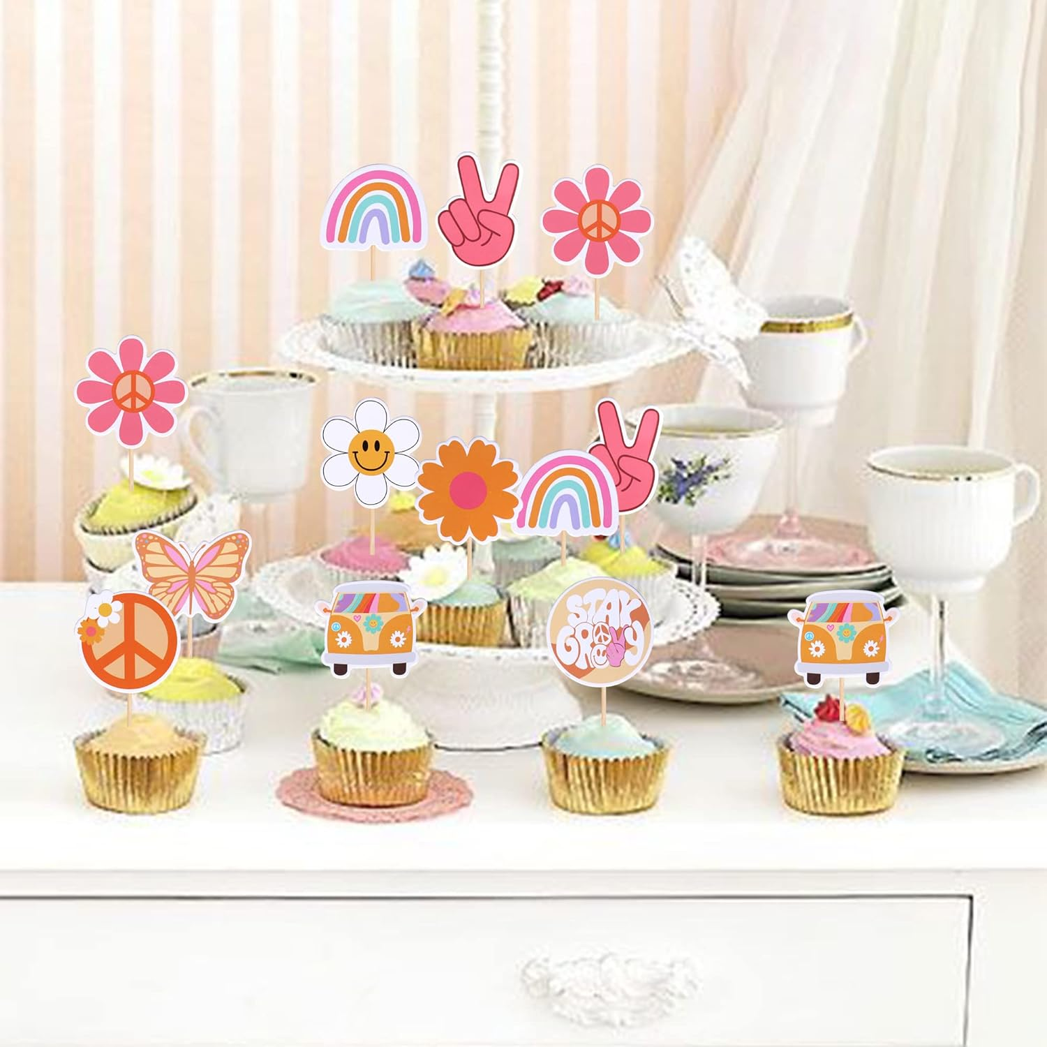 SYKYCTCY 36 Pack Hippie Party Cupcake Toppers Peace Sign Hand Butterfly Two Groovy Cupcake Picks Flower Bus 60S Retro Boho Cake Decorations for Hippie Two Groovy Carnival 2Nd Birthday Party Supplies image number 4