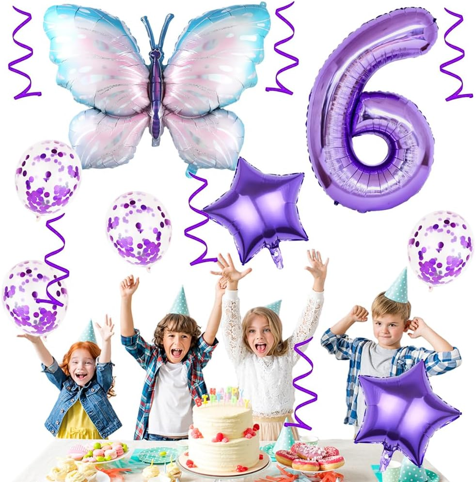 6Th Birthday Butterfly Balloons - Giant Purple Aluminum Foil Number 6 Mylar Balloon for Theme Party Supplies, Baby Shower, Girls Birthday Decor - 6 image number 4