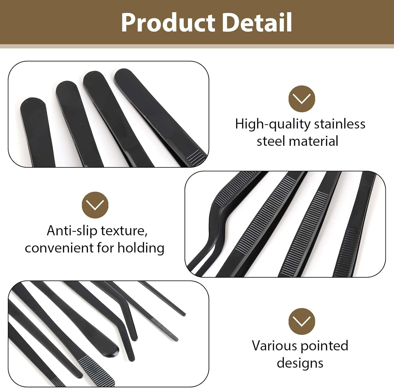 4 Pcs Kitchen Fine Tweezer Tongs Set, 12" Extra-Long Stainless Steel Food Tweezers, Professional Precision Cooking Tweezers for BBQ, Seafood, Baking, Garnishing & Repairing (Black) image number 6