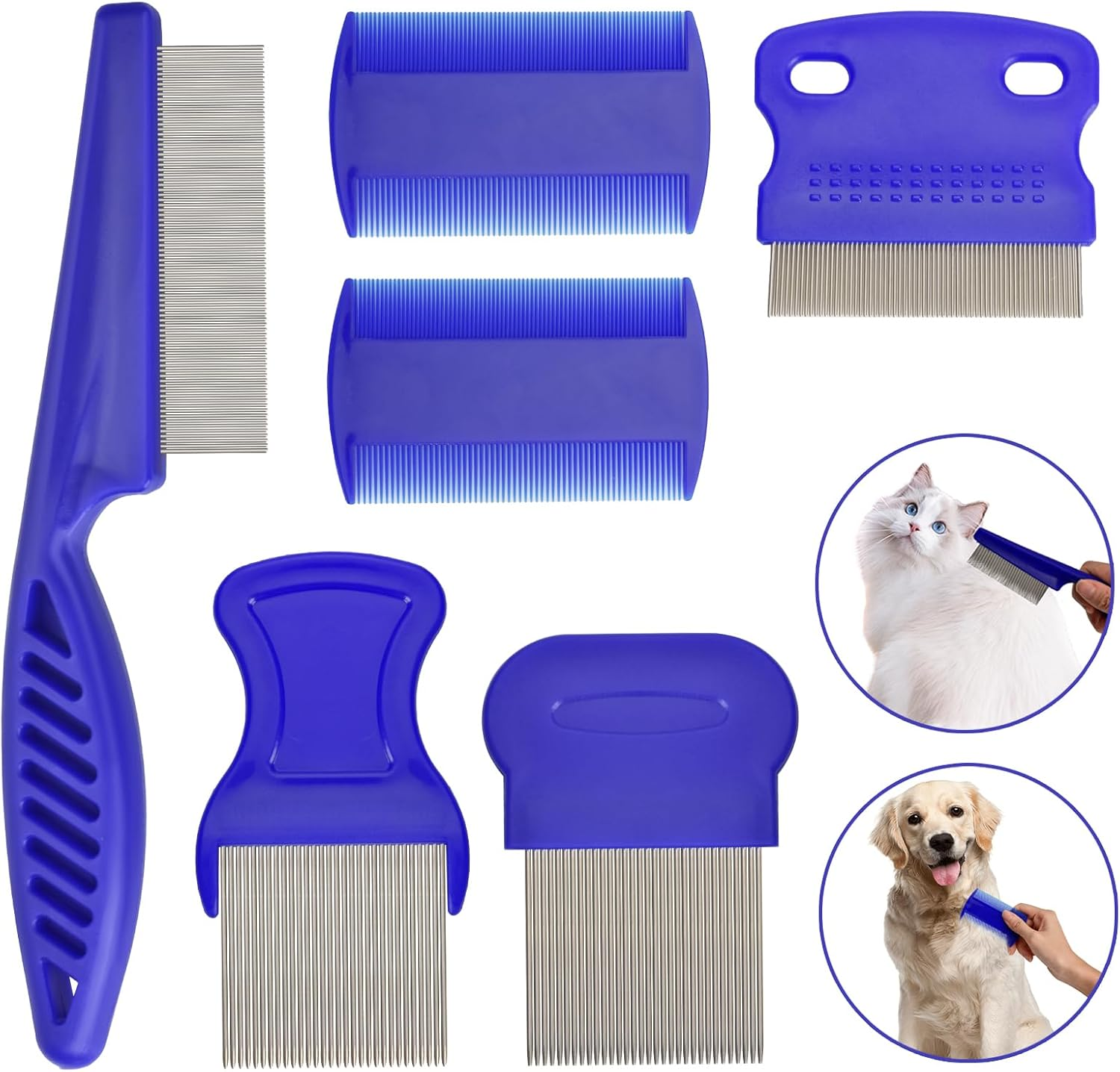 6 Pieces Stainless Steel Teeth Pet Lice Comb Set,Flea Comb for Cats & Dogs,Pet Grooming Comb for Pets Gently Removing Knots and Lice, Flea Comb for Small & Medium Pets(Blue,Pink) (Blue)