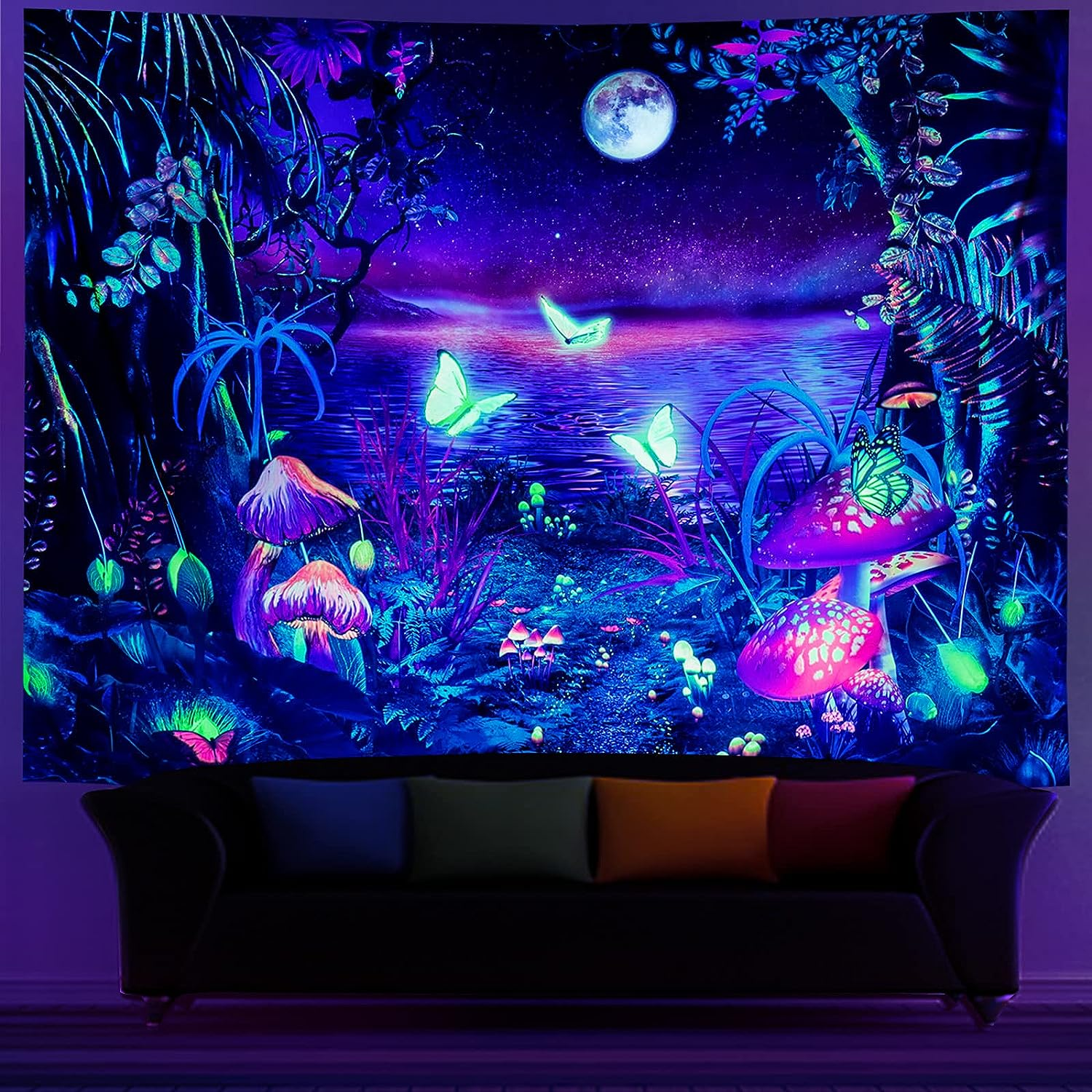 Serborlur Fantasy Forest Tapestry UV Reactive Butterfly Tapestries Galaxy Space Tapestry Wall Hanging for Bedroom Living Room (51.2 &times; 59.1 Inches) image number 5