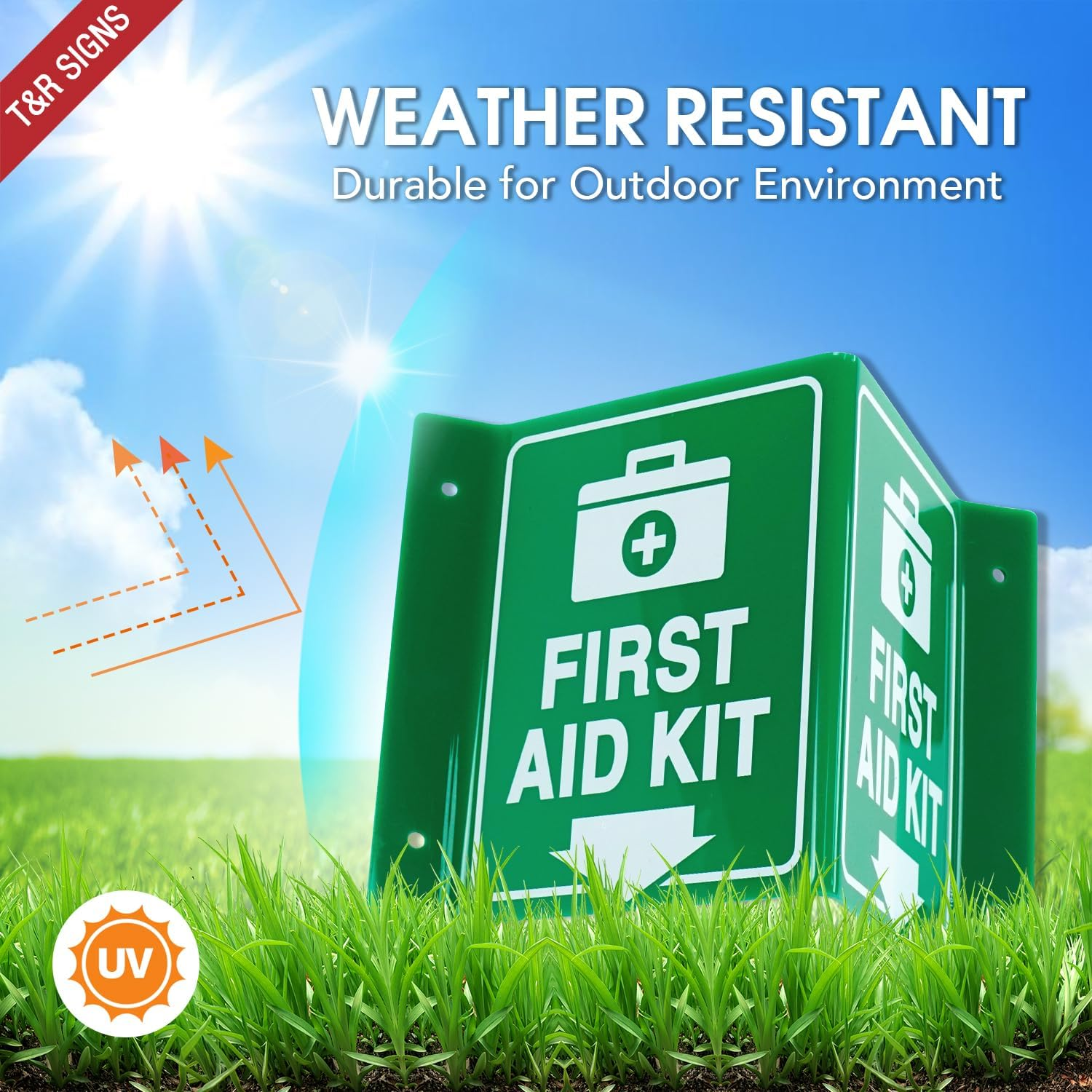 T&R First Aid Kit Sign, First Aid Kit with down Arrow - 4 Pack - 8 X 6 Inches Acrylic, 4 Pre-Drilled Holes, Includes Matching Screws, Use for Office/Business - First Aid - 4 Pack image number 2