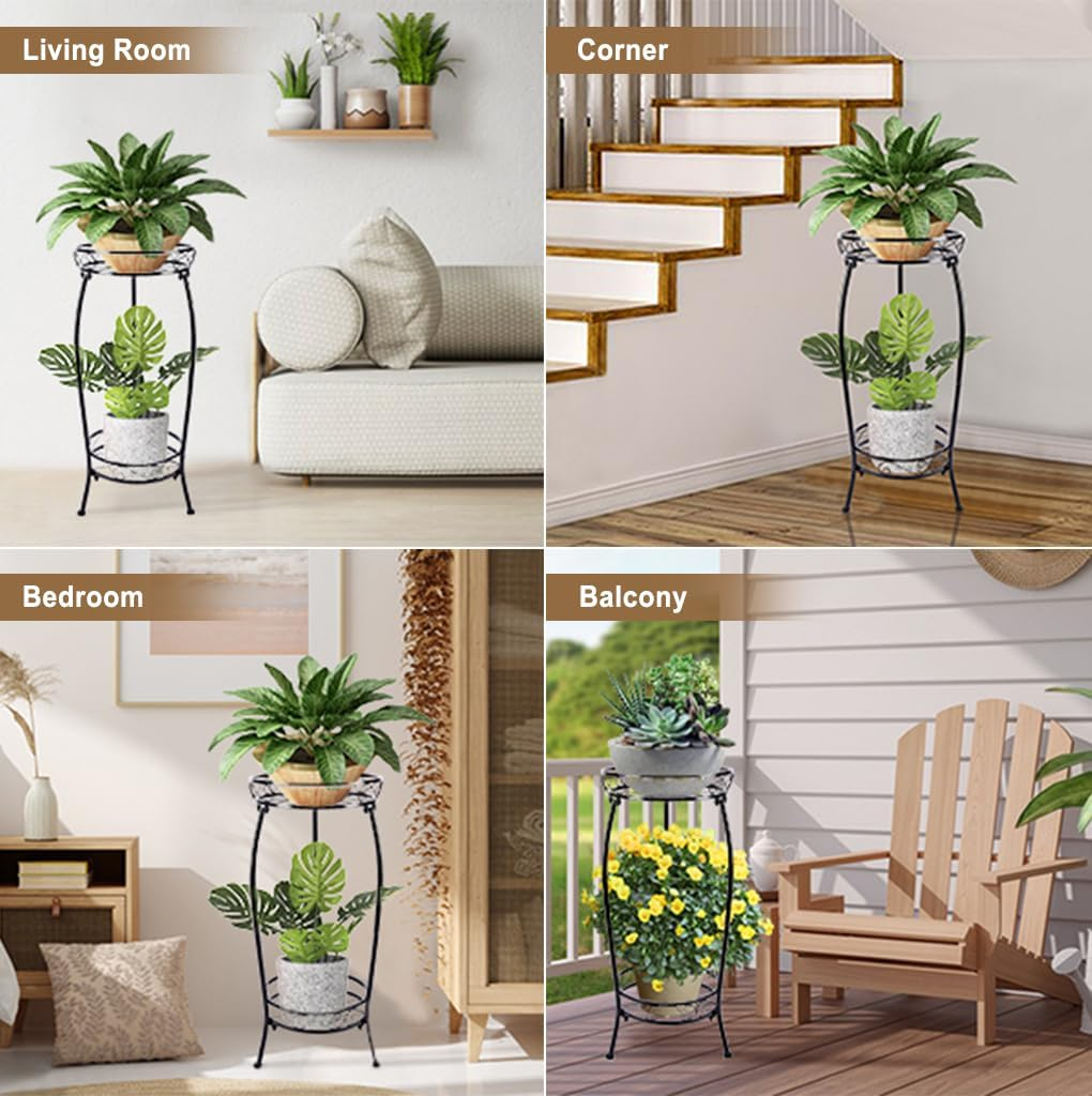 Delsol Metal Plant Stand Indoor Outdoor, 2 Tier 70Cm Tall Plant Stands, Flower Potted Stand, Heavy Duty round Corner Planter Holder, Rustproof Supports Rack outside (Black)