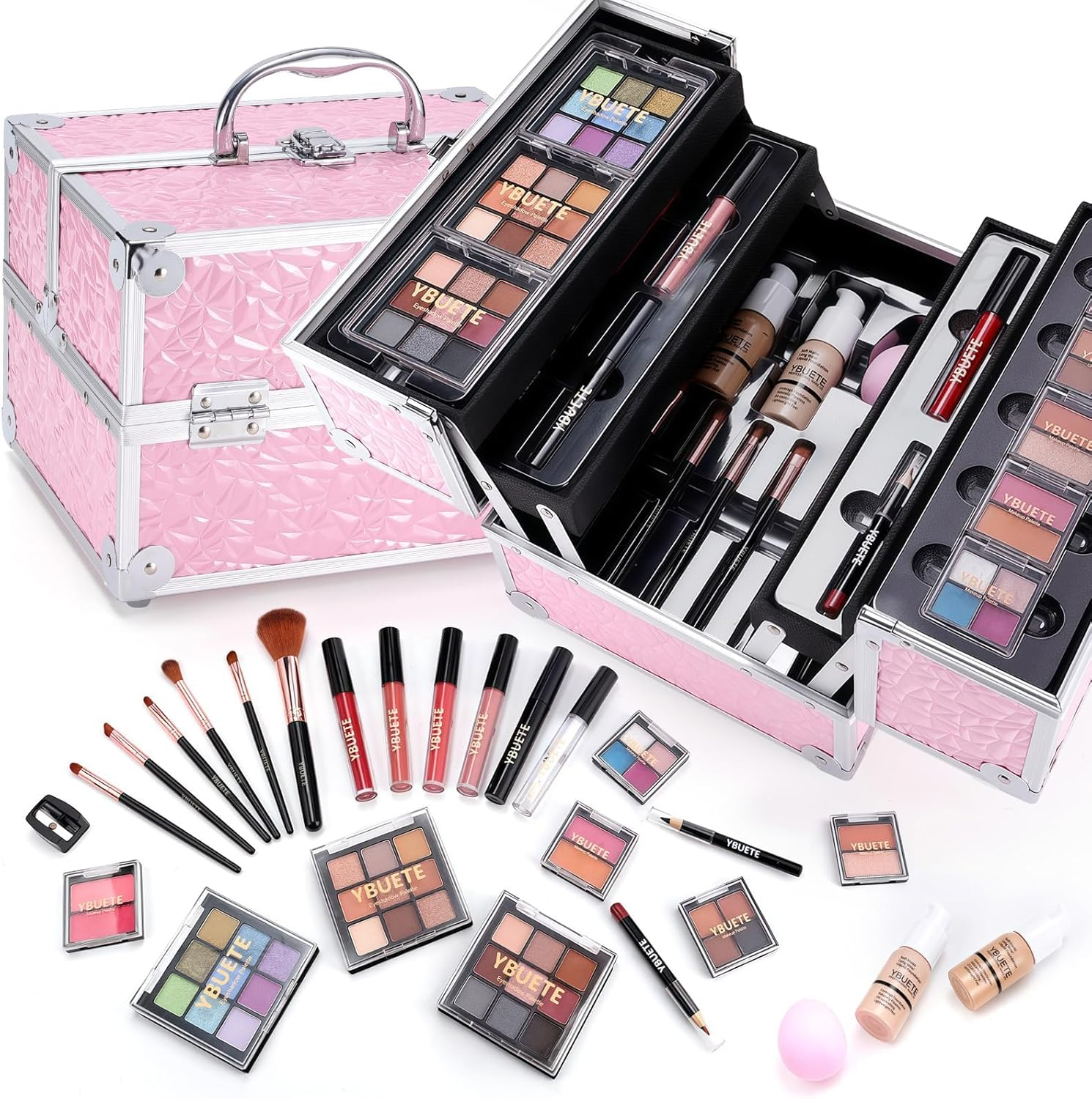 YBUETE Professional Makeup Kit for Girl Women, Full Starter Cosmetic Set with Storage Case, Reusable Full Cosmetic Train Case Included Foundation Eyeshadow Blush Lipstick Lip Liner Mascara Eyeliner image number 3
