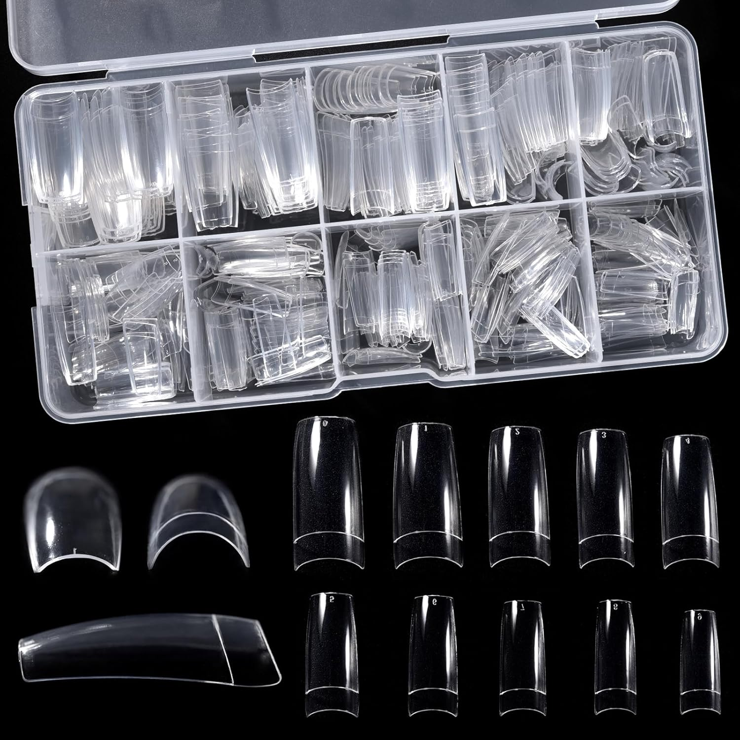 KADS 500Pcs Clear Half Cover Nail Tips Coffin Shaped Artificial Nail Tips 10 Sizes Pre Shaped False Gel Nail Acrylic Extension Nails for Nail Salons and Home DIY (Transparent)