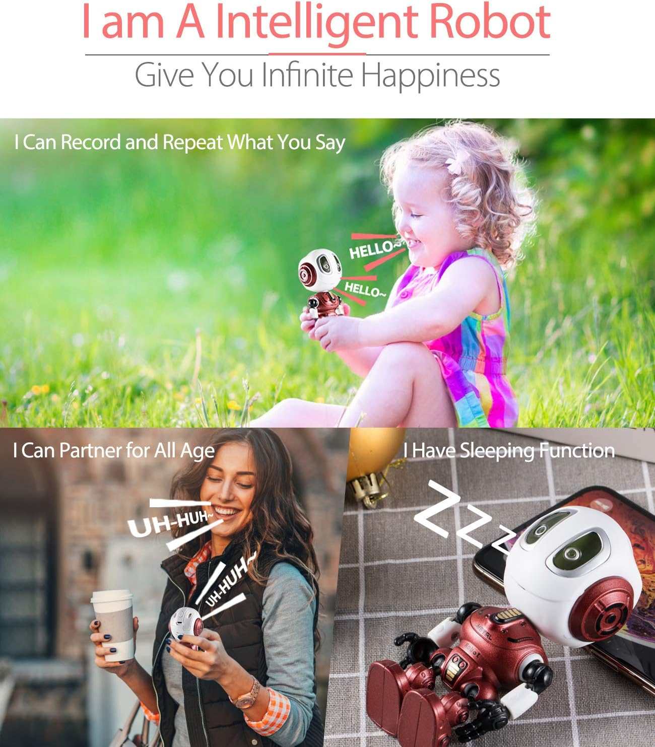 Kids Toys Boys Girls Robots Toys Christmas Stocking Stuffers 2019 New Mini Talking Robots Gifts for Adults with 10 Hours Working Time USB Charging LED Eyes Interactive Electronic Toy（Red） image number 2