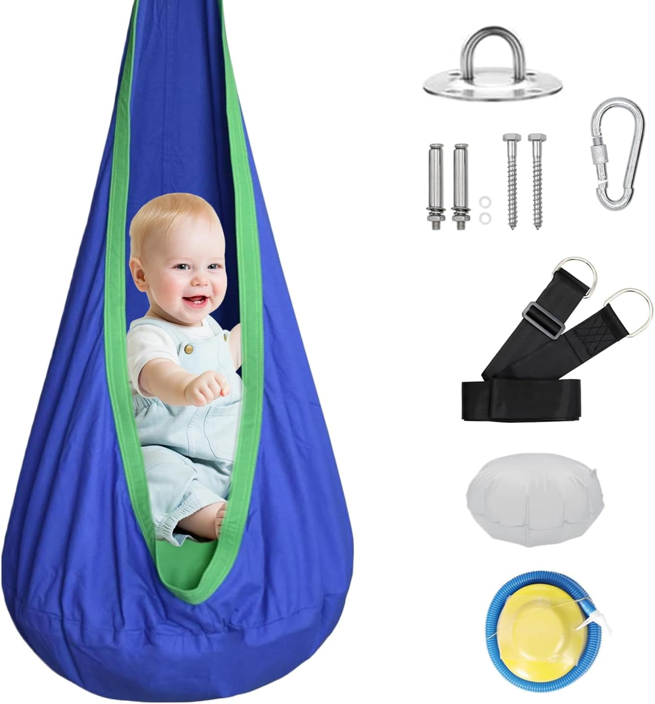 Uandhome Kids Pod Swing Seat, Hanging Pod Swing Chair with Inflatable Pillow, Sensory Swing Chair for Outdoor and Indoor,Cotton Child Swing Hammock Chair for Indoor and Outdoor Use (Blue)