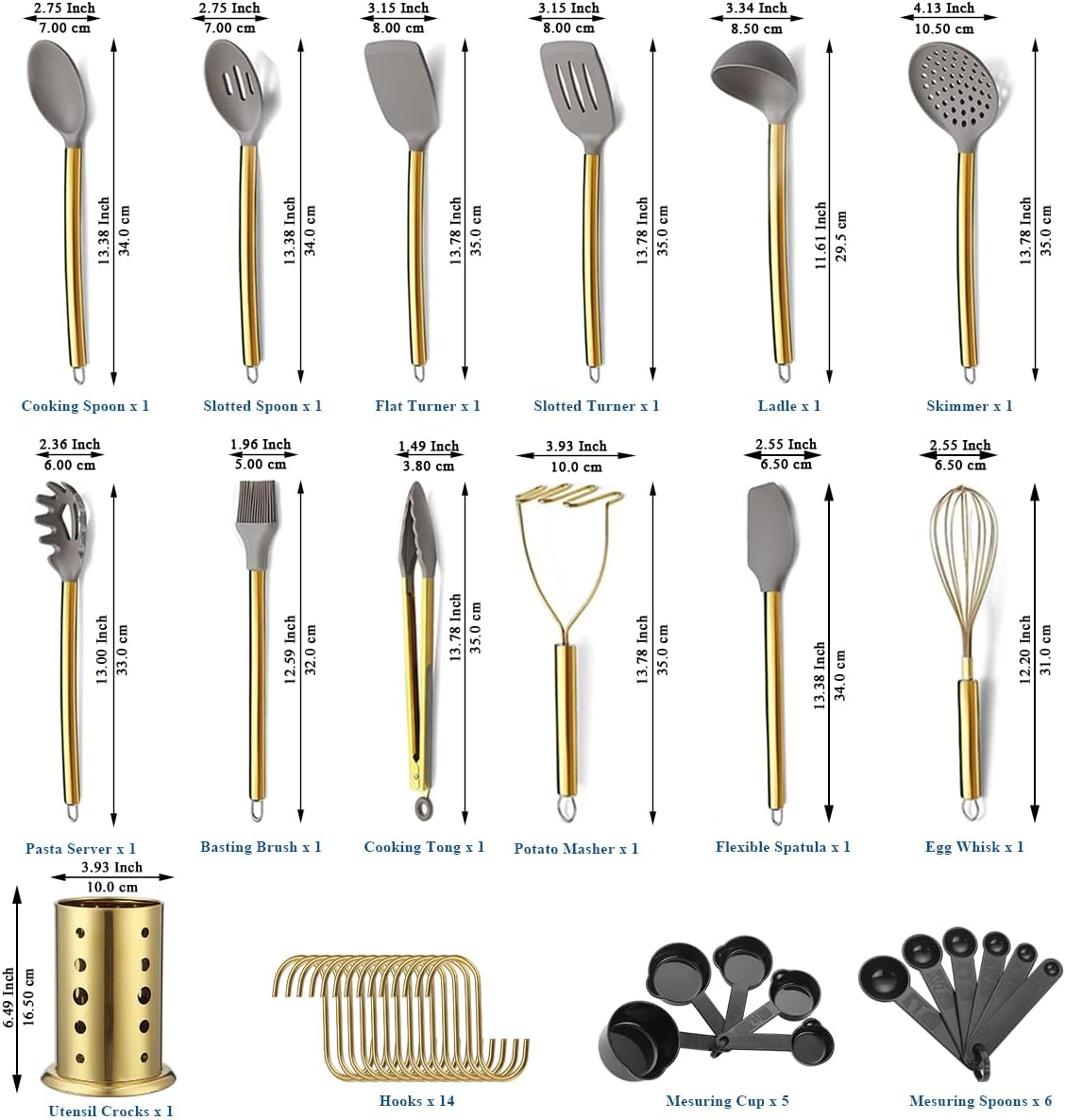 Gold Kitchen Utensils Set, Kyraton 38 Pieces Non-Stick Silicone Cooking Utensils Set, Spoon Spatula Set with Sturdy Stainless Steel Utensil Holder, Dishwasher Safe image number 5