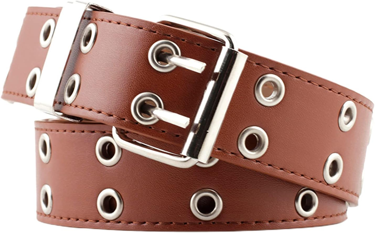 Kowaku Double Grommet Belt for Women Men Leather Punk Rock Adjustable Belts Double Prong Buckle Eyelet Hollow Waist Belt - Black image number 7