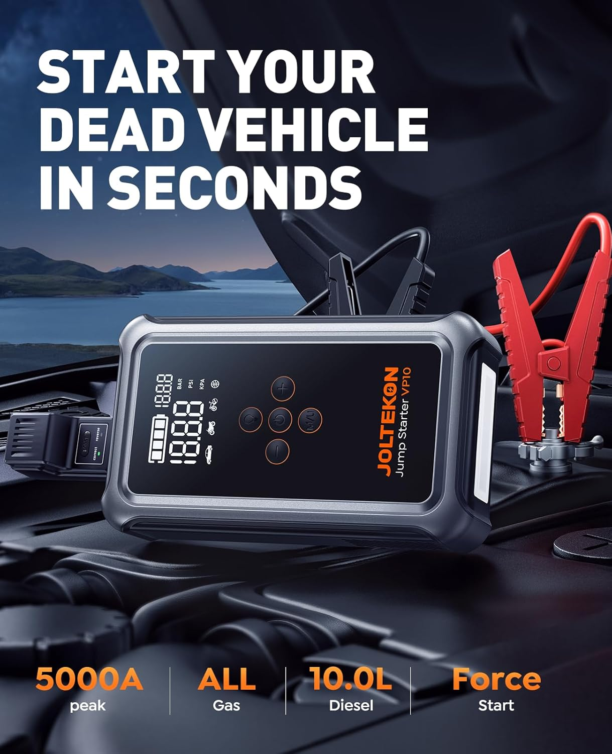 JOLTEKON Car Jump Starter with Air Compressor, 5000A Peak 150PSI Car Battery Jump Starter for All Gas/ 10L Diesel, 12V Car Jumper Starter Power Bank Charger Portable with Display, Emergency Light image number 5