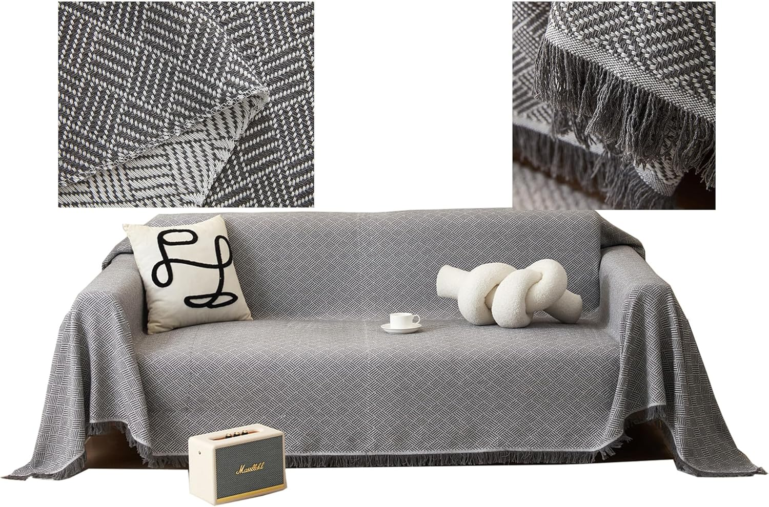 Sofa Cover Blanket, L Shape Sectional Couch Covers Protector (NOT for Dog Cat Pet) Weaved (Grey, 180X300Cm/71X118) image number 5