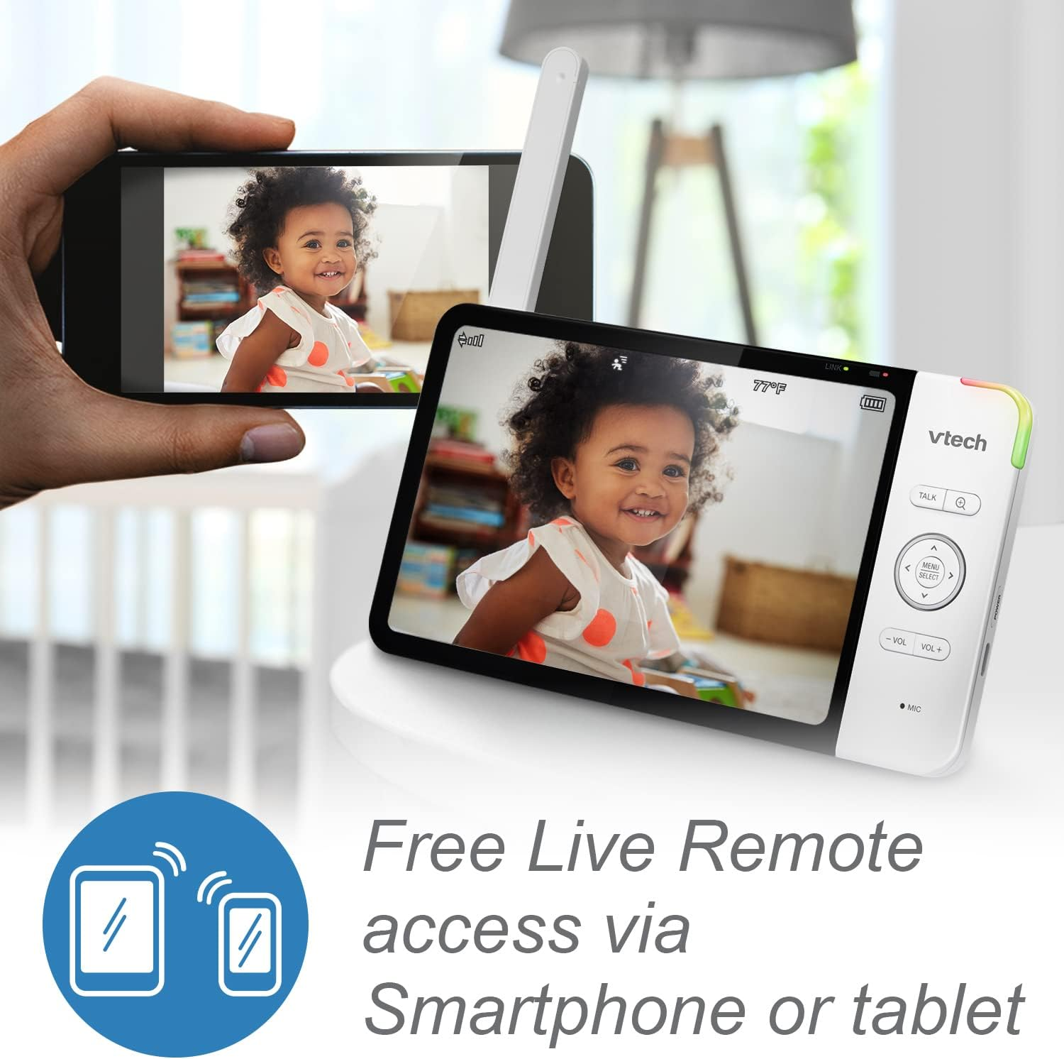 Vtech RM7764-2HD Smart Wifi 2 Camera Babymonitor, 360&deg; Pan&Tilt, 10X Zoom, 7&rdquo; HD Display & Nightvision, Soothing Sounds, 2-Way Talk, Temperature & Motion Detection image number 2