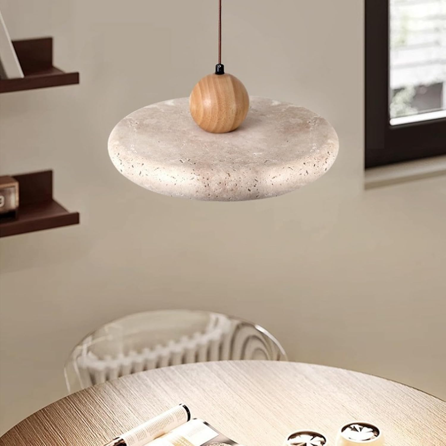 Natural Stone Pendant Light &ndash;Adjustable Hanging Light for Kitchen Island Dining Room Living Room, French Travertine Ceiling Light Fixture with LED, Modern Minimalist Design (B,M)