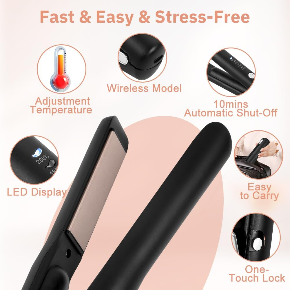 Alaoo Wireless Hair Straightener, 2 in 1 Ceramic Hair Straightener, 4 Temperature, Adjustable Temperature 140 &deg;C - 200 &deg;C, Curler Straightener for Women, Holidays, Travel, Camping Styling, Black - Black image number 5