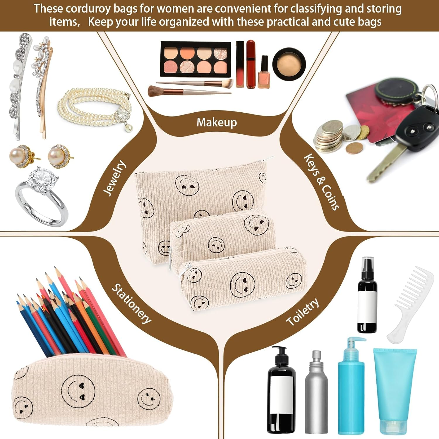 DUOMIAO 3 Pcs Makeup Bag Corduroy Cosmetic Bag Aesthetic Cute Preppy Makeup Bags for Women Smile Small Makeup Purse Pouch Travel Toiletry Bag Set Makeup Organizer with Zipper. (White Smlie) image number 2