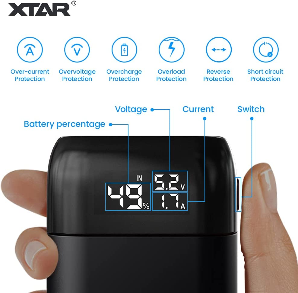 18650 Battery Charger with Output Function, XTAR PC2 USB C High-Speed Charger for 3.7V/3.6V Li-Ion Rechargeable Battery 18650/18700/20700/21700 Lithium Batteries (Black)