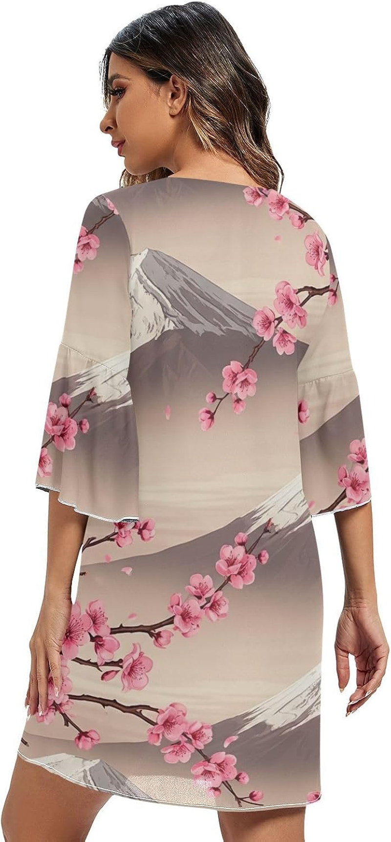 Japanese Pink Cherry Blossom Elegant V Neck Dress Printed Line Maternity Dress image number 1