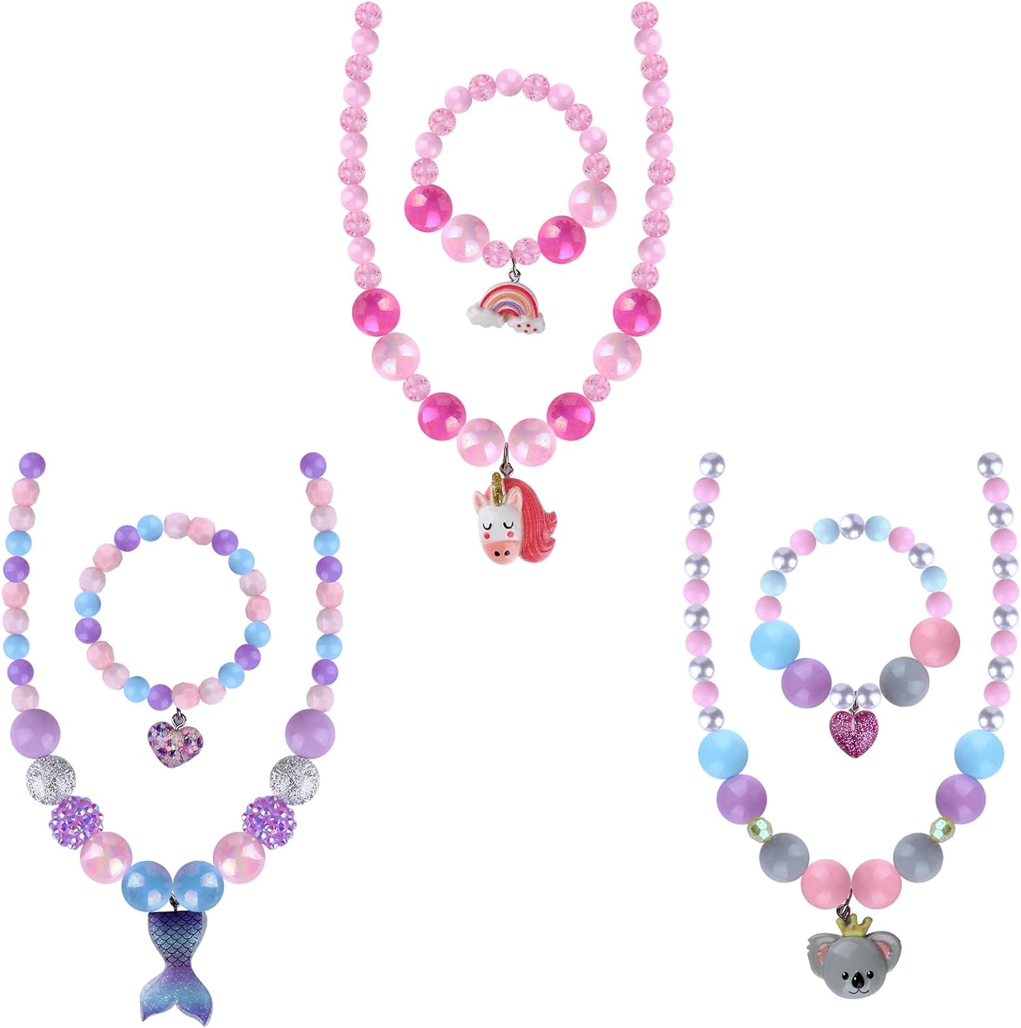 Niceup Kids Jewelry for Little Girls, Mermaid Unicorn Koala Kids Play Beaded Stretch Necklaces and Bracelets, Jewelry Gifts for Girl Toddler Princess Dress up Birthday Party Favors Party Bag Filler image number 6