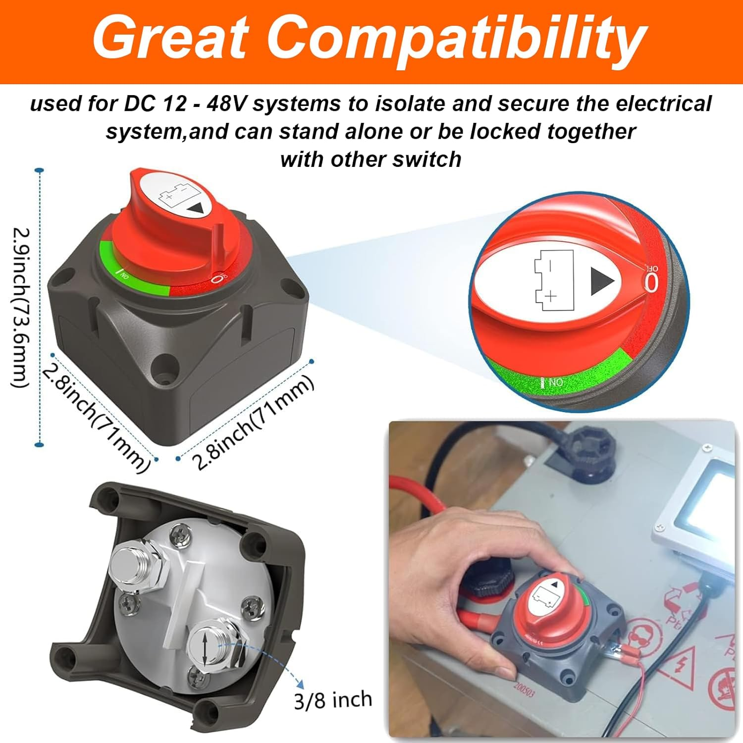 MAEZOE Battery Disconnect Switch 12V Master, 12V-48V Waterproof Battery Shut off Switch 275Amps High Current for Car Marine Boat RV (On/Off) image number 6