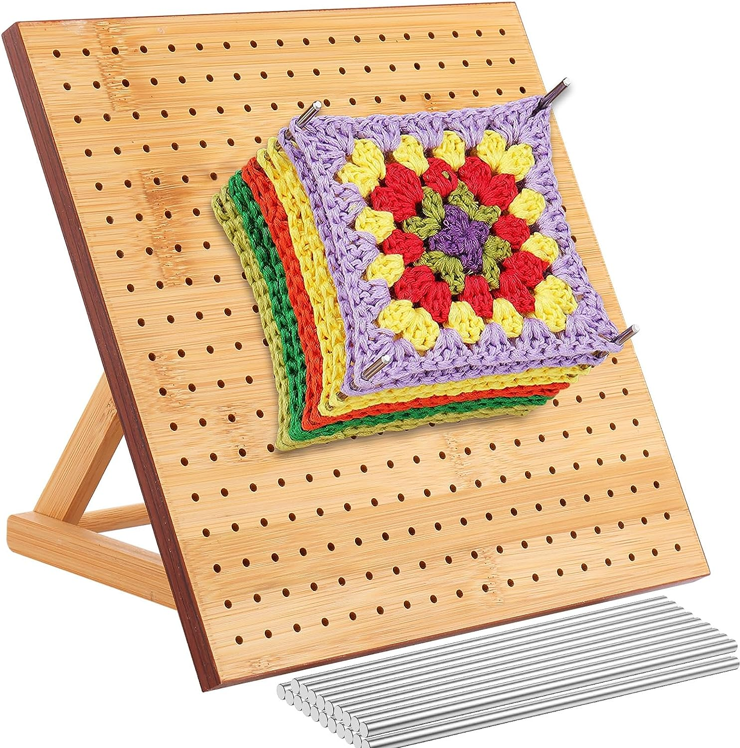 11.4Inch Crochet Blocking Board, Bamboo Wooden Knitting Blocking Mats and Pins with Adjustable Stand, Granny Square Crochet Supplies with 20 Steel Rod for Knitting and Crochet Projects (11.4Inch)