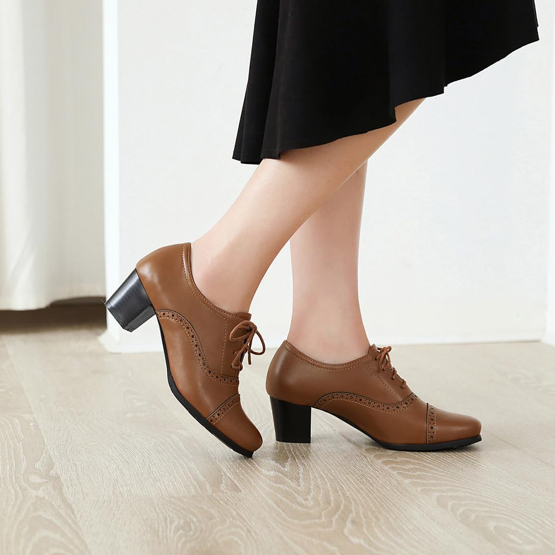 Women'S Oxfords Wingtip Lace up Chunky High Heels Pumps Square Closed Toe Vintage Brogue Dress Shoes image number 2