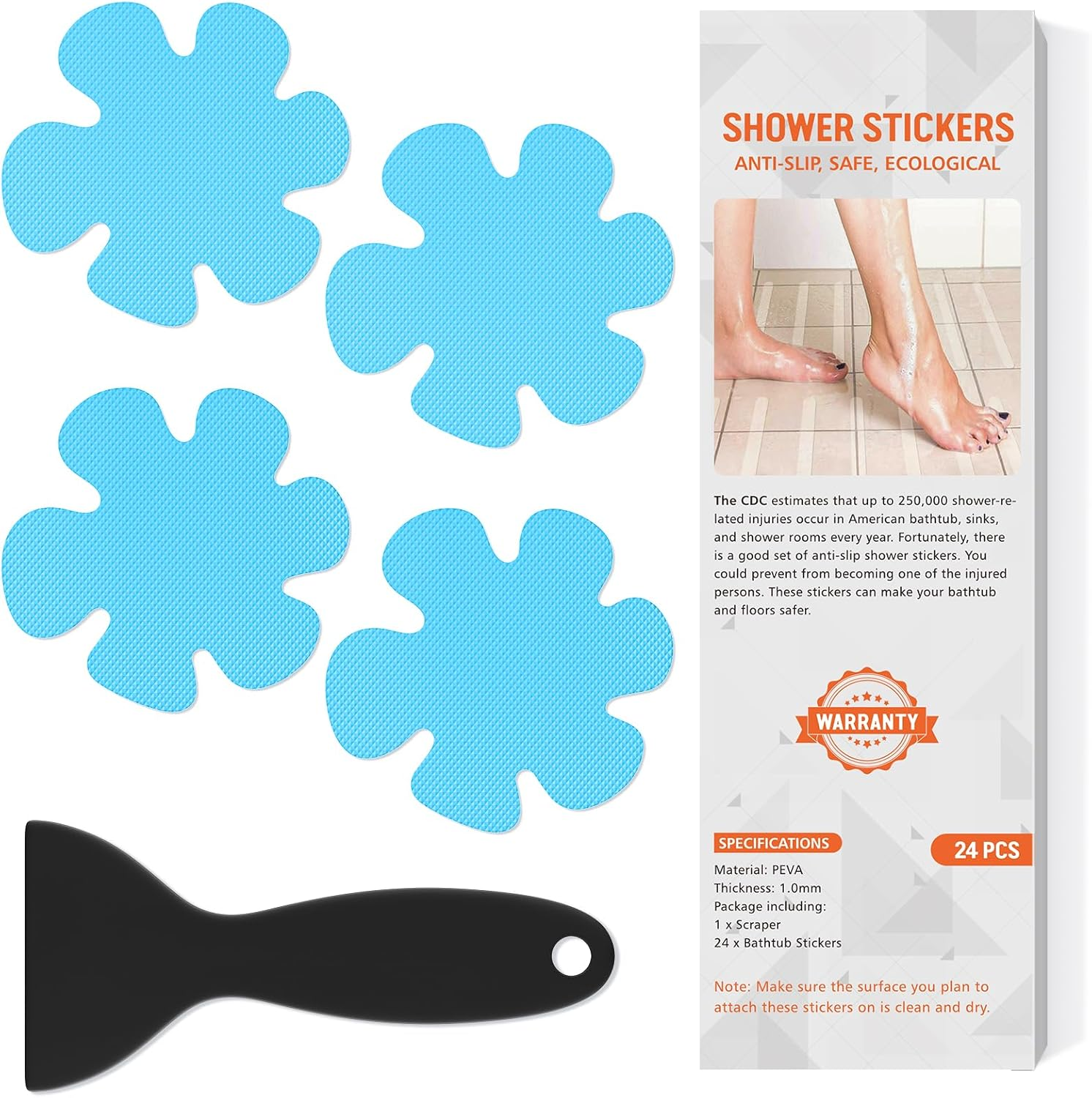 Non Slip Bathtub Stickers, 24 PCS Shower Stickers for Safety Bathroom Tubs, Bathtub Non Slip Stickers and Adhesive Decals Scraper for Bath Tub, Shower Floor, Stairs, Ladders(Flower Shape, Clear)