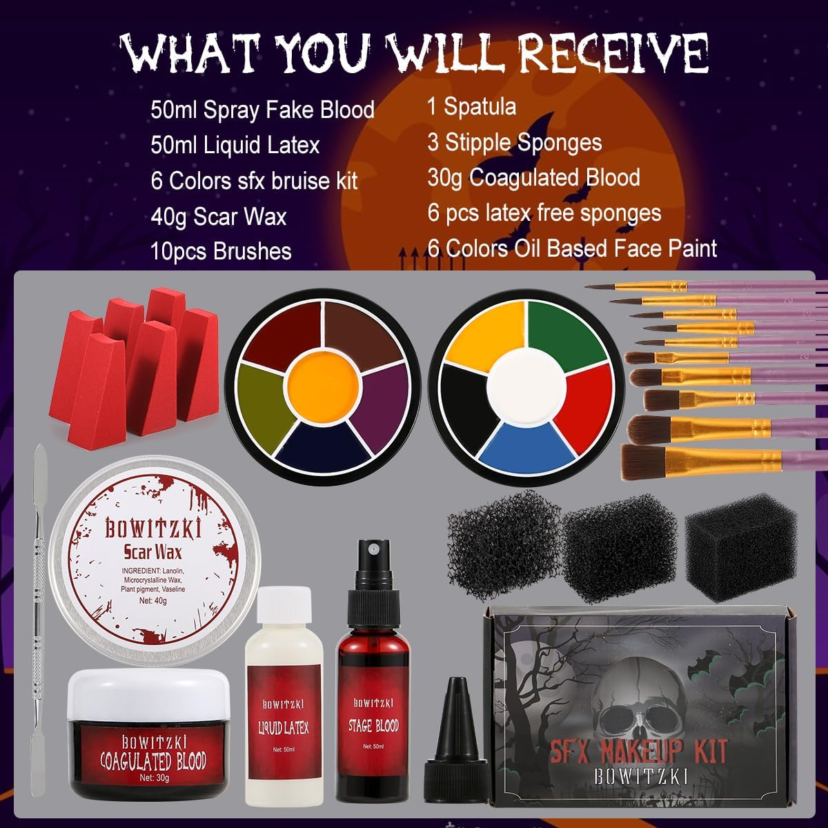 Bowitzki Halloween SFX Makeup Kit Special Effect Makeup,Liquid Latex+Scab Blood+Spray Blood+6 Colors Oil Based Face Paint+Sfx Bruise Wheel+Skin Wax+Stipple Sponges+Latex Free Sponges+Spatula+Brushes image number 1