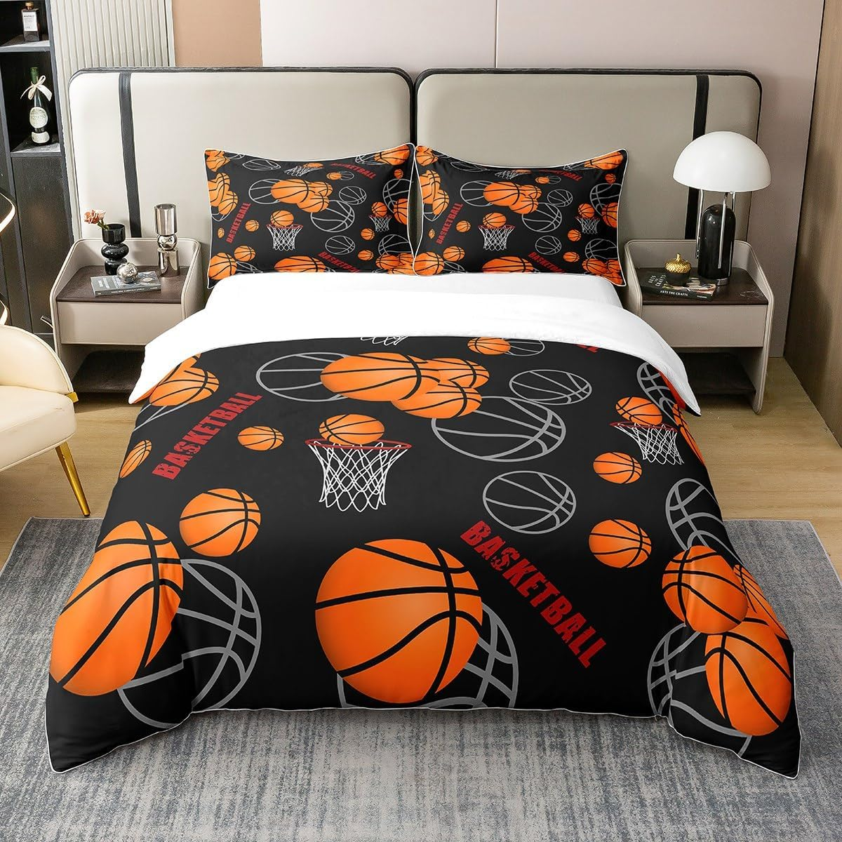 Erosebridal Basketball Twin Comforter Cover for Boys, Sports Games Themed 100% Organic Cotton Bedding Set, Gifts and Decor Duvet Cover, Orange Black Bed Cover image number 5