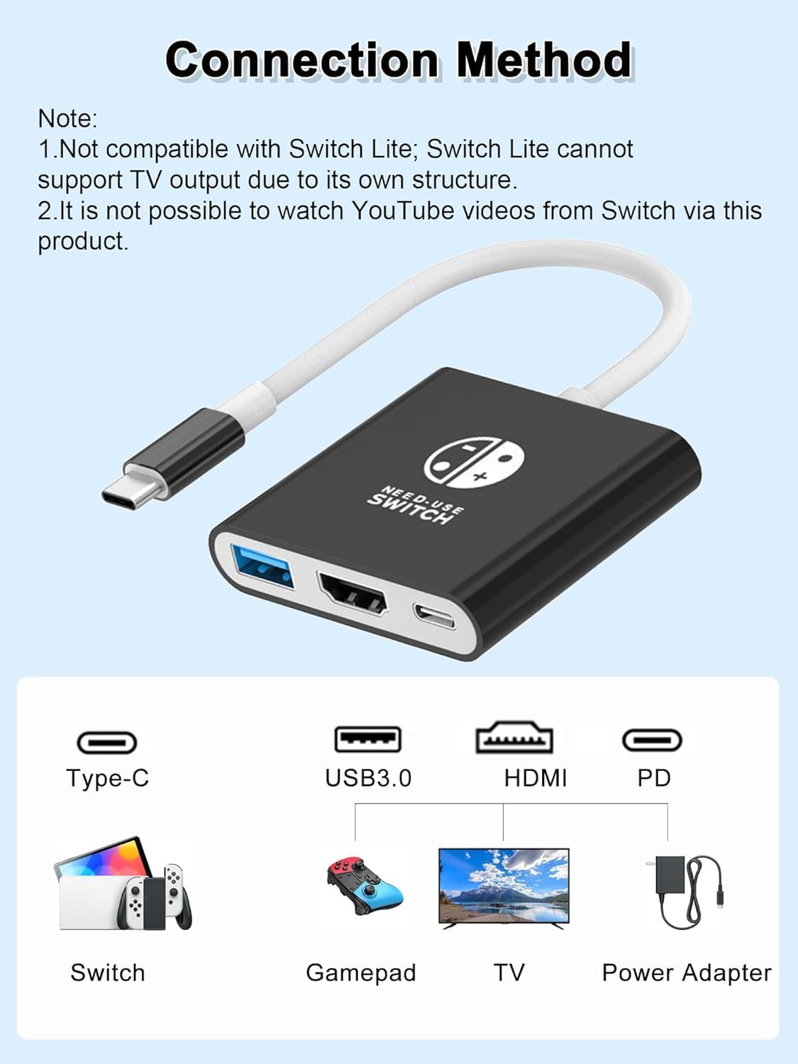 ZONEY Switch Dock for Nintendo Switch, TV Docking Station for Switch, Portable Switch TV Dock Adapter，Usb C to HDMI Adapter Compatible Nintendo Switch/Oled/Steam Deck/Macbook Pro (Black & White) - Black  White image number 2