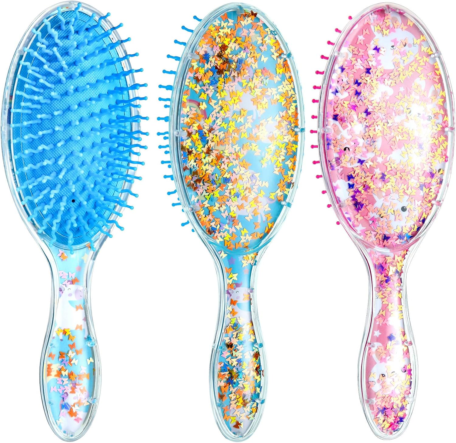 2 Pieces Kids Wet Hair Brush Confetti Glitter Detangler Set Soft Bristles Massage Brush for Baby Kids Girls Christmas Holiday Presents(Rabbit and Unicorn) image number 2
