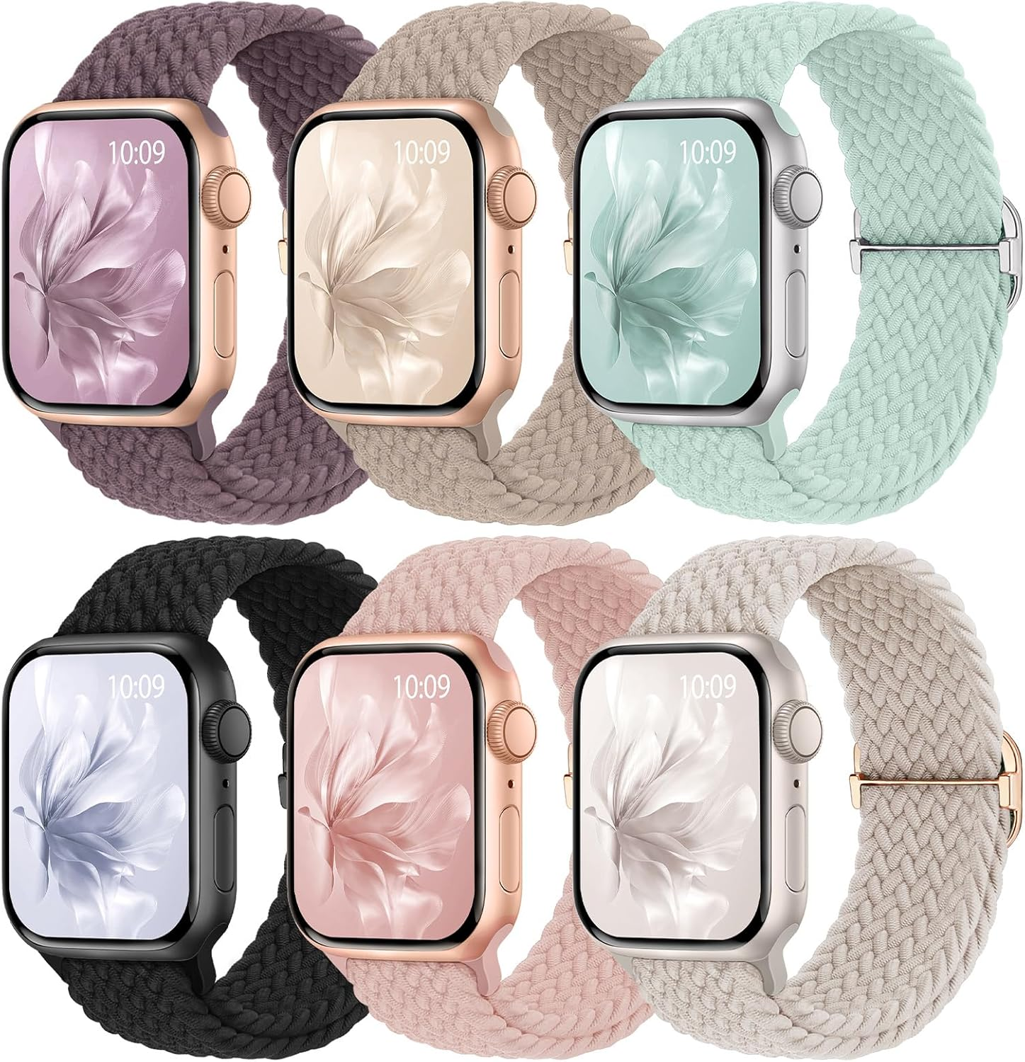 6 Pack Braided Stretchy Bands Compatible with Apple Watch Band 38Mm 40Mm 41Mm 42Mm 44Mm 45Mm 46Mm 49Mm Women Men, Adjustable Nylon Solo Loop Elastic Straps for Iwatch Series 11 10 9 8 7 6 5 4 SE Ultra