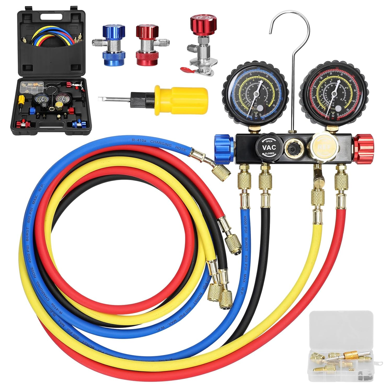 Relogic Air Conditioner A/C Refrigeration Tools 4-Way Dual-Value Pressure Gauge with 5Ft Hose Brass Quick Coupler Adapters for R22/R134A/R410A Refrigerant image number 2