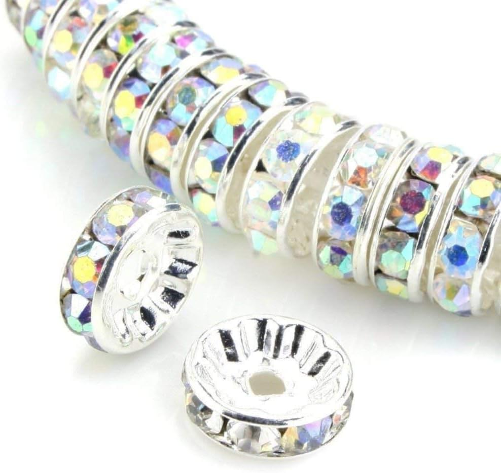 Allb 100Pcs Rondelle Spacer Beads Silver Plated Czech Crystal Rhinestone for Jewelry Making Loose Beads for Bracelets image number 4