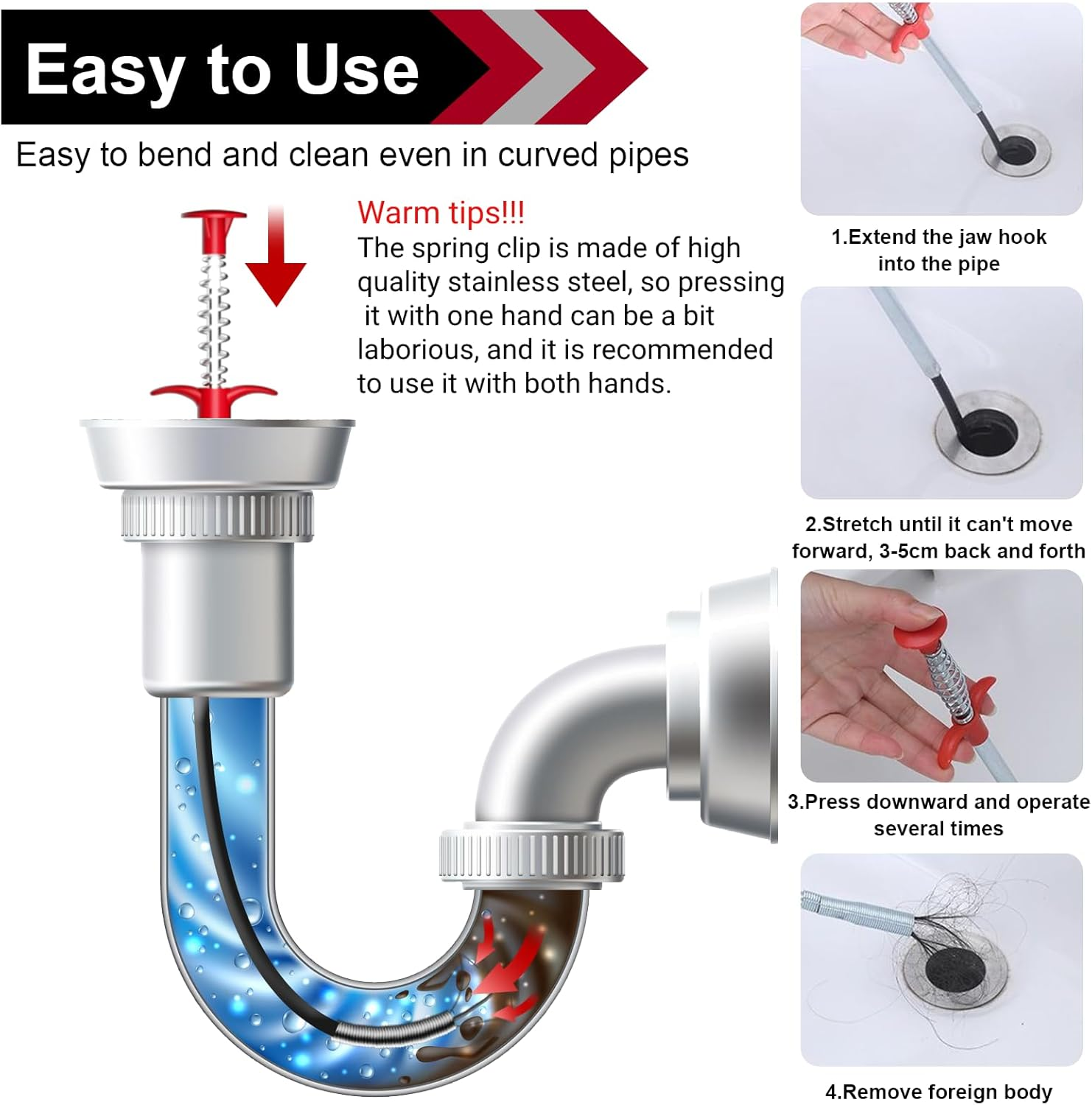 Pack of 2 Claw Grippers 160 Cm / 60 Cm, Flexible Gripper Claw Gripper, Pipe Cleaning Spiral, Drain Cleaner Spiral, Drain Spiral, Telescopic Gripper for Kitchen, Bathroom and Sewers - Red image number 2