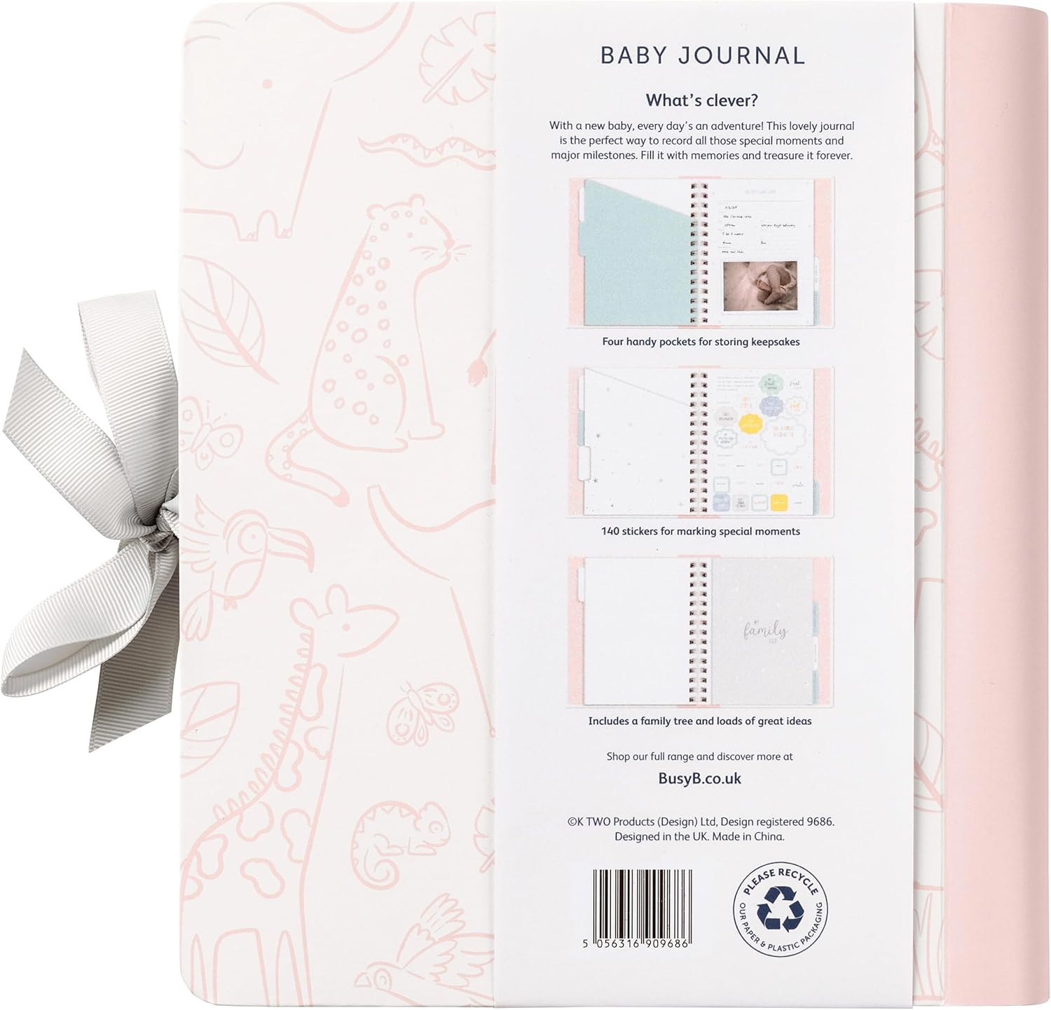 Busy B Pink Baby Journal - Spiral-Bound with Ribbon Closure and Four Tabbed Scetions for Photos. Milestones and Memories, Four Handy Pockets for Storing Keepsakes and Stickers - FSC&reg; Certified - Pink image number 3