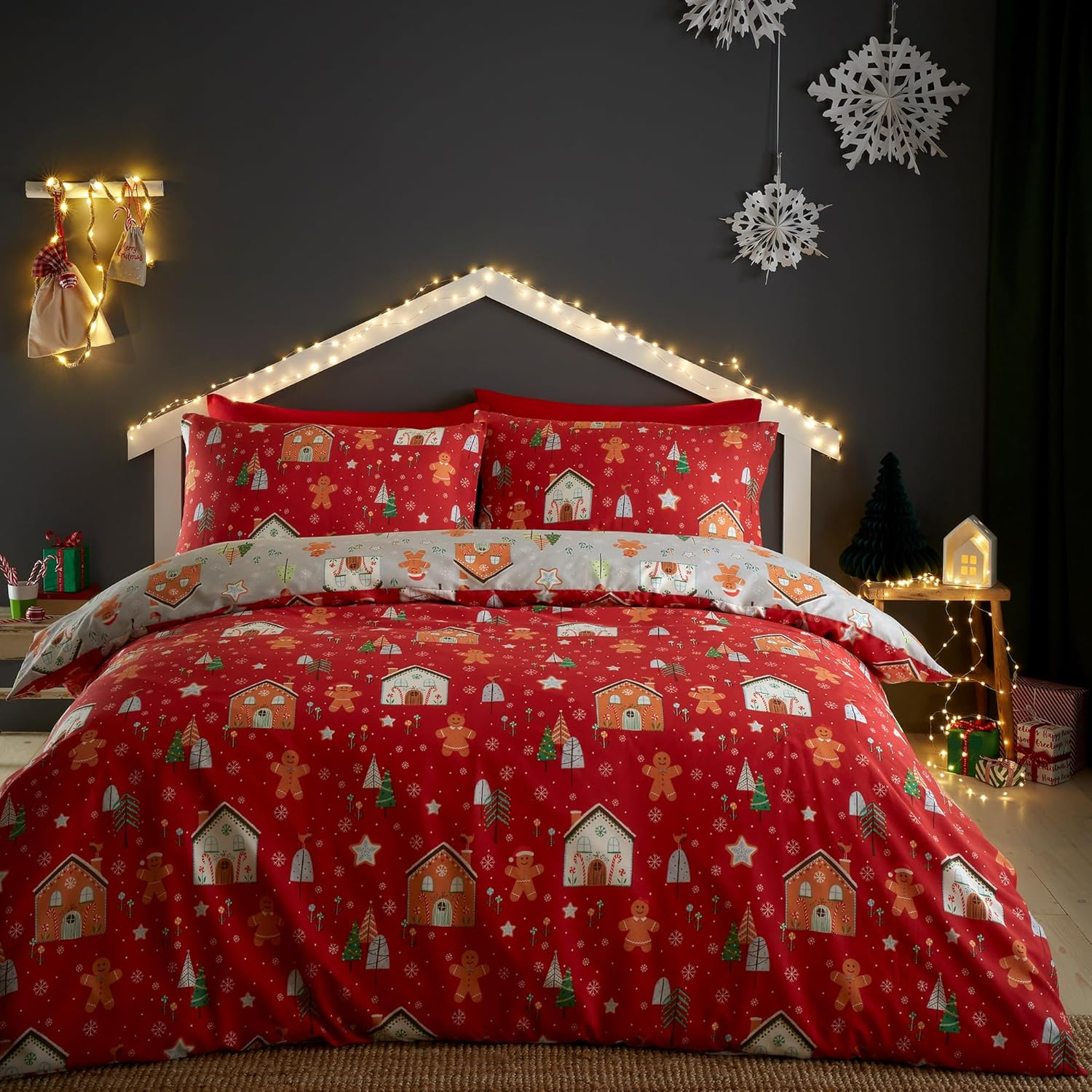 Bedlam Gingerbread House Duvet Cover Set &ndash; Single Size (140 X 200Cm) &ndash; Reversible &ndash; 1 Pillowcase &ndash; Christmas Bedding with Gingerbread Man &ndash; Festive Holiday Decorations