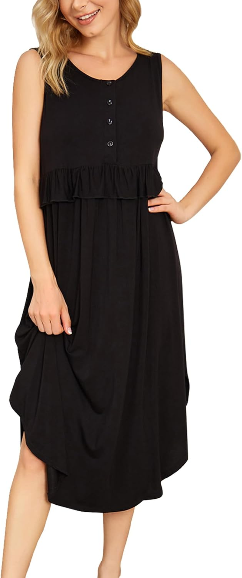 KEOYA Women'S Maternity Nursing Dress Stretchy Sleeveless Breastfeeding Long Dresses Button Front Nursing Clothes
