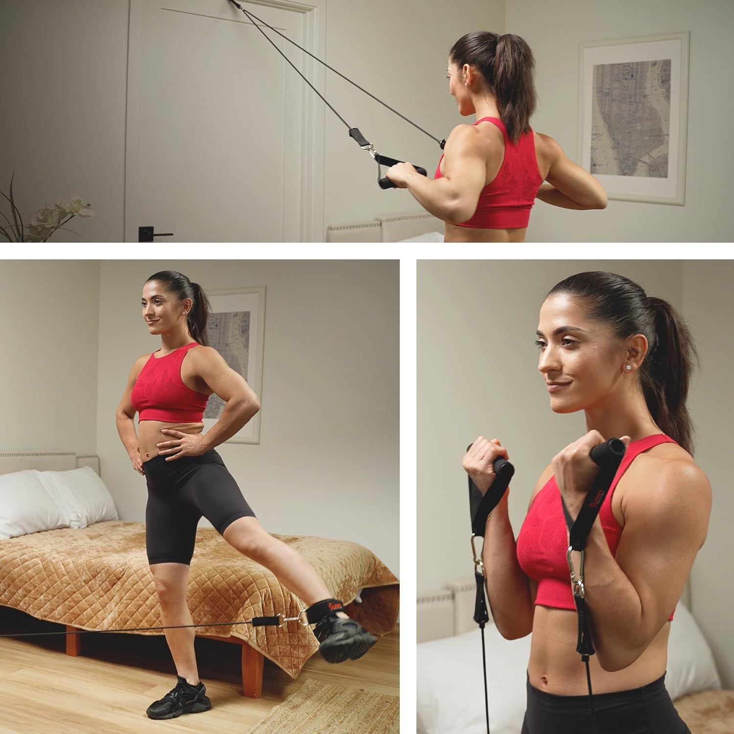 Sunny Health & Fitness Premium Resistance Band Set with Door Anchors, Wrist Straps, Handles Carry Bag Optional Padded Ankle Straps (Pair) for Strength Training, Booty Workout, Lower Body Exercises image number 4