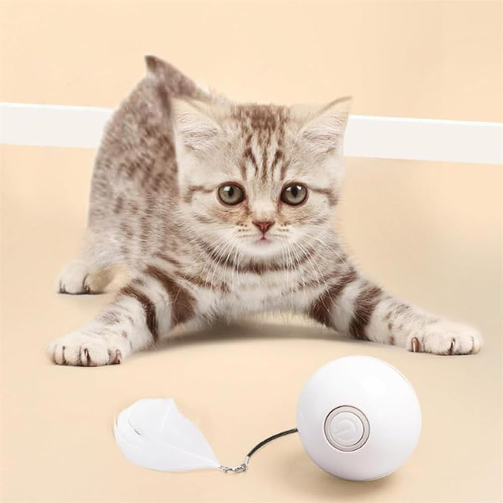 Automatic LED Intelligent Cat Ball, Automatic Rolling Ball with Feather and Lights, Rechargeable Cat Toy with Smart Sleep Mode, Smart Cat Hunting Toy, USB Charging Moving Cat Ball (White)