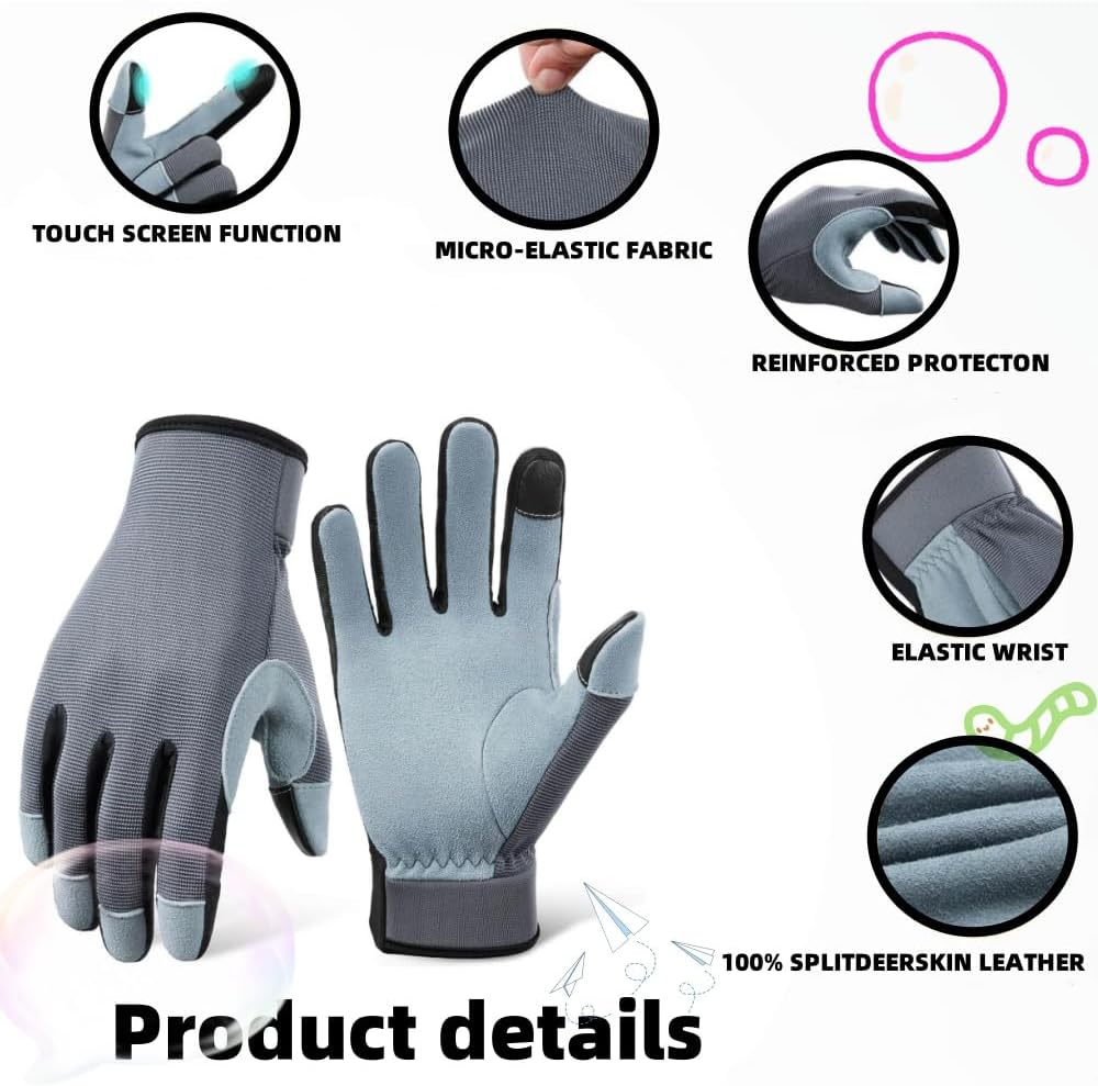 Lightweight Work Gloves,Touch Screen Flex Deerskin Leather Garden Gloves for Yard Working, Gardening, Cycling, DIY and Builders for Men Women (Gray) image number 2