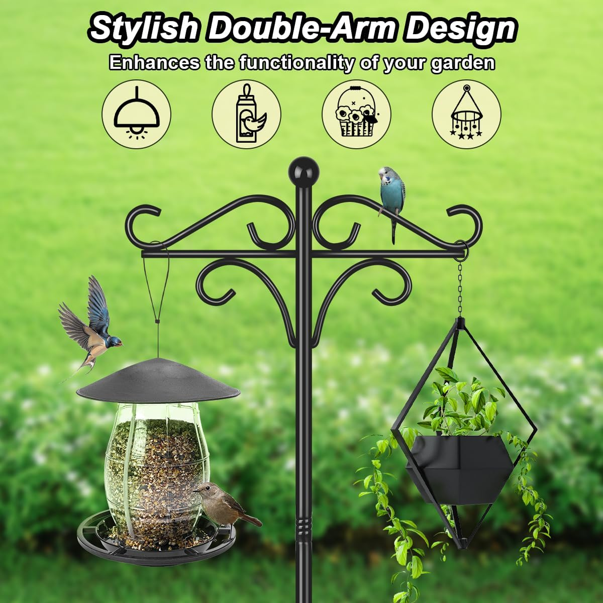 Bird Feeder Pole Stand, 195Cm Approx.2M Adjustable Feeding Station Hanging with 2 Hook, Heavy Duty Freestanding Double Shepherd Crook for Outdoor Garden Light Lantern Plant Metal Hanger, Black