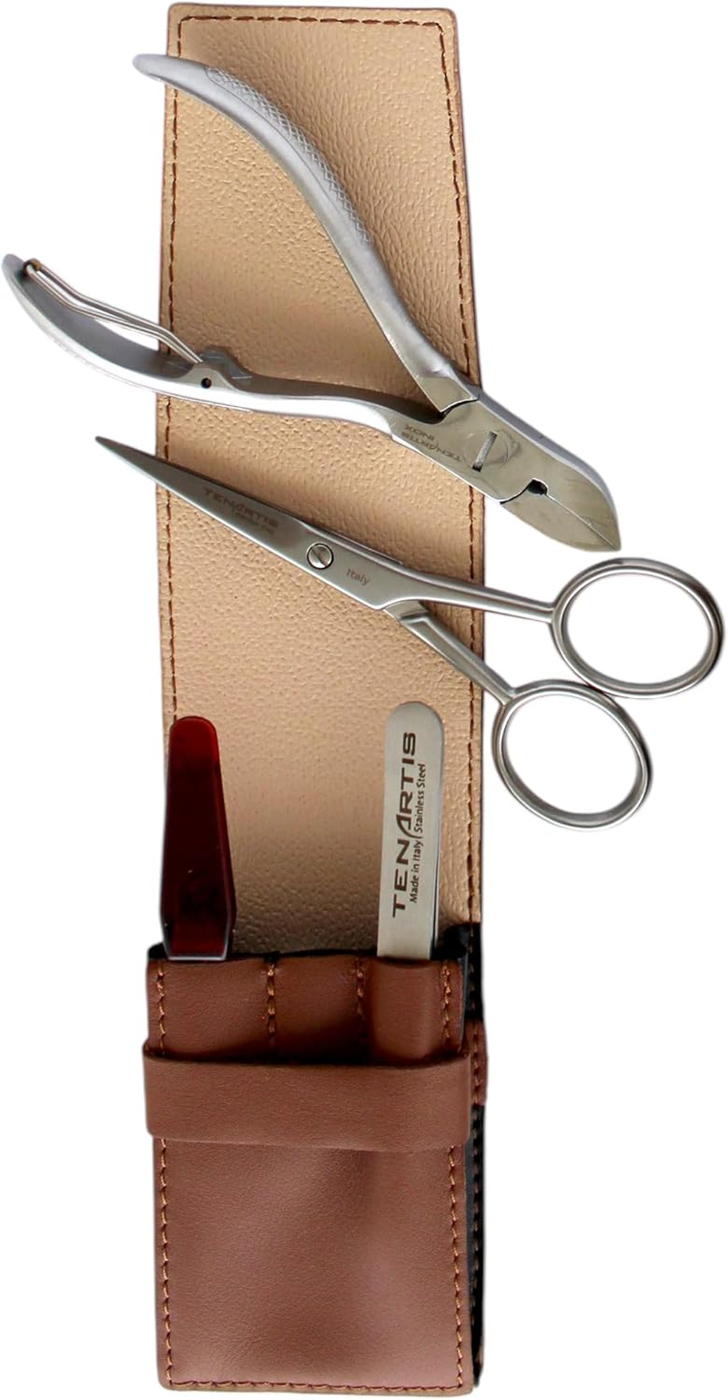 4-Piece Genuine Leather Men'S Grooming Set | Manicure, Pedicure, Beard and Mustache - Tenartis 381 Made in Italy (Beige) - Black image number 6